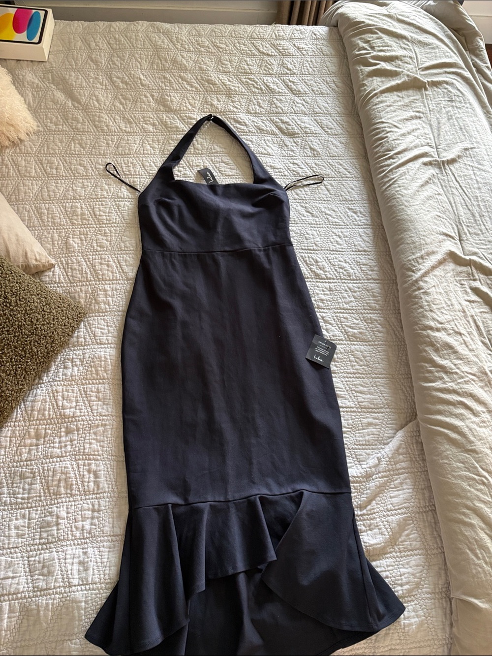 Lulu's Black Asymmetrical Ruffle-Hem Halter Dress